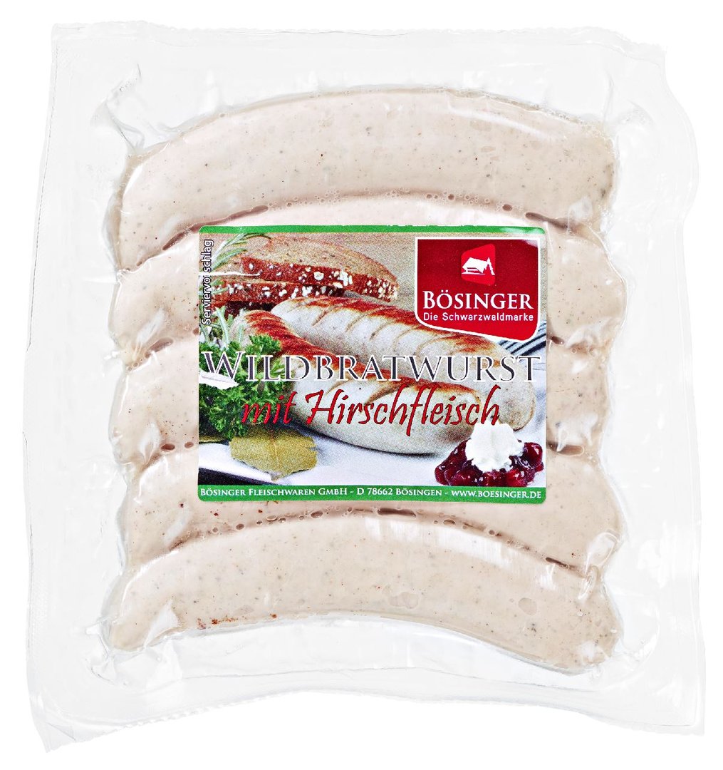 Bösinger - Wildbratwurst gekühlt aus Schweinefleisch, Hirschfleisch 5 Stück à 100 g - 1 x 500 g Packung