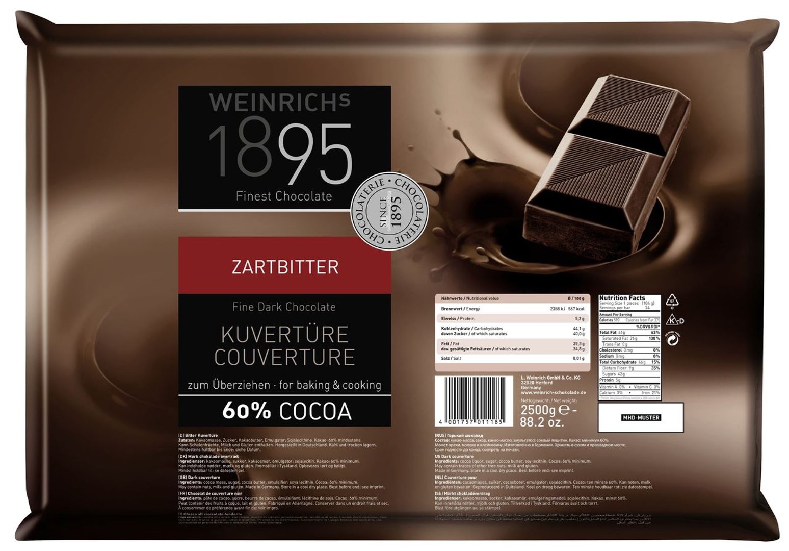 Weinrich - Kuvertüre Halbbitter min. 58 % Kakao - 1 x 2,5 kg Packung