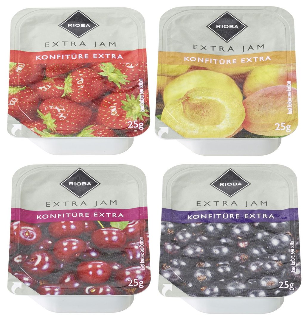 RIOBA - Konfitüre Extra Sortiment Einzelportionen 100 Stück à 25 g, Mix aus Erdbeere, Pfirsich, Kirsche & Heidelbeere - 2,5 kg Packung