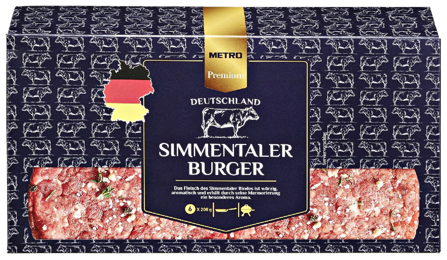 METRO Premium - Simmentaler Burger tiefgefroren, roh, 6 Stück à 200 g, vak.-verpackt 1,2 kg Packung