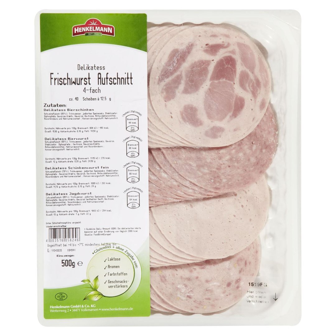 Henkelmann - Brühwurst Mix aus Bierschinken, Bierwurst, Schinkenwurst und Jagdwurst, 4 Sorten à 125 g 500 g Packung