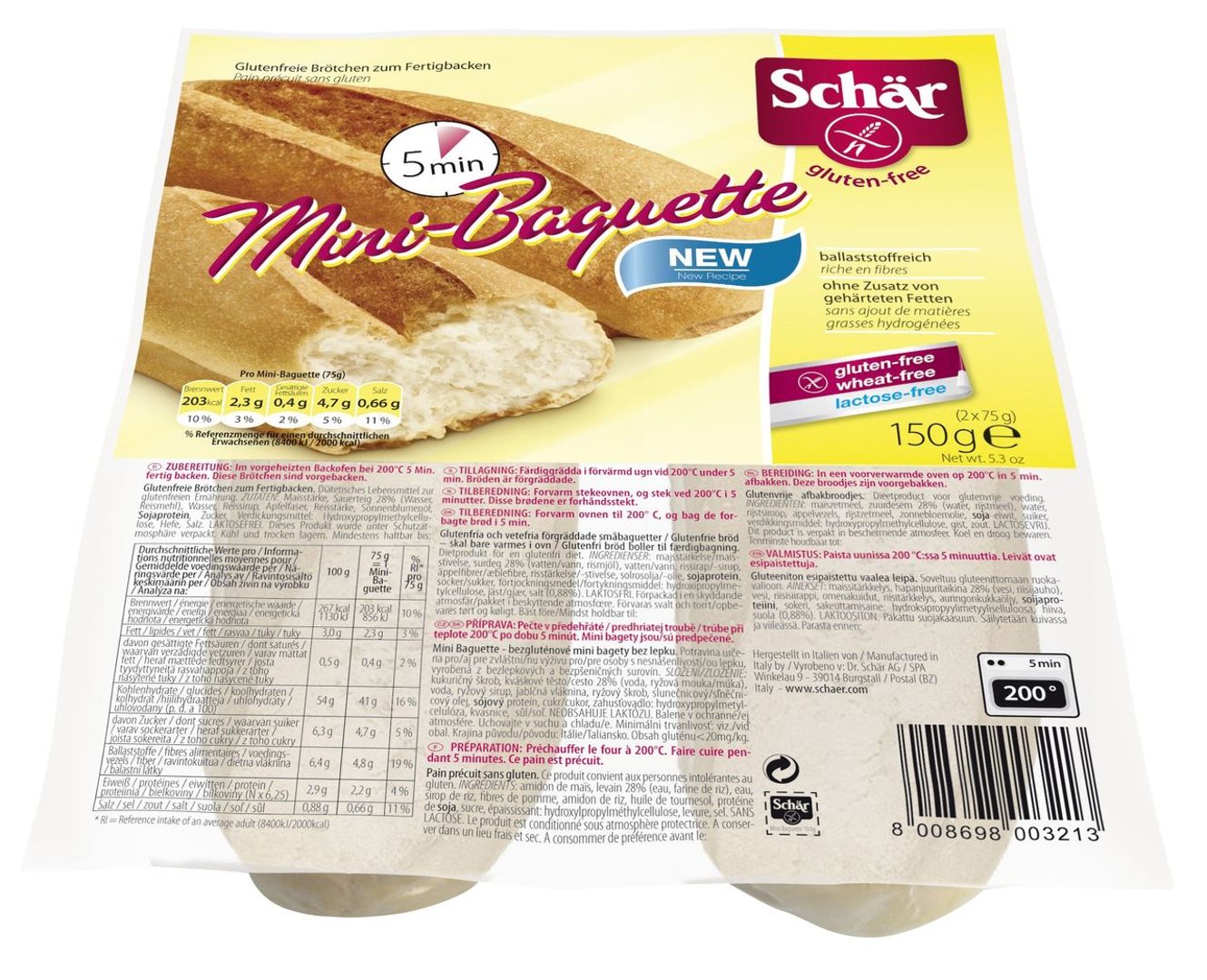Schär - Mini Baguette vorgebacken frei von Milch und Eiern glutenfrei laktosefrei - 1 x 150 g Beutel