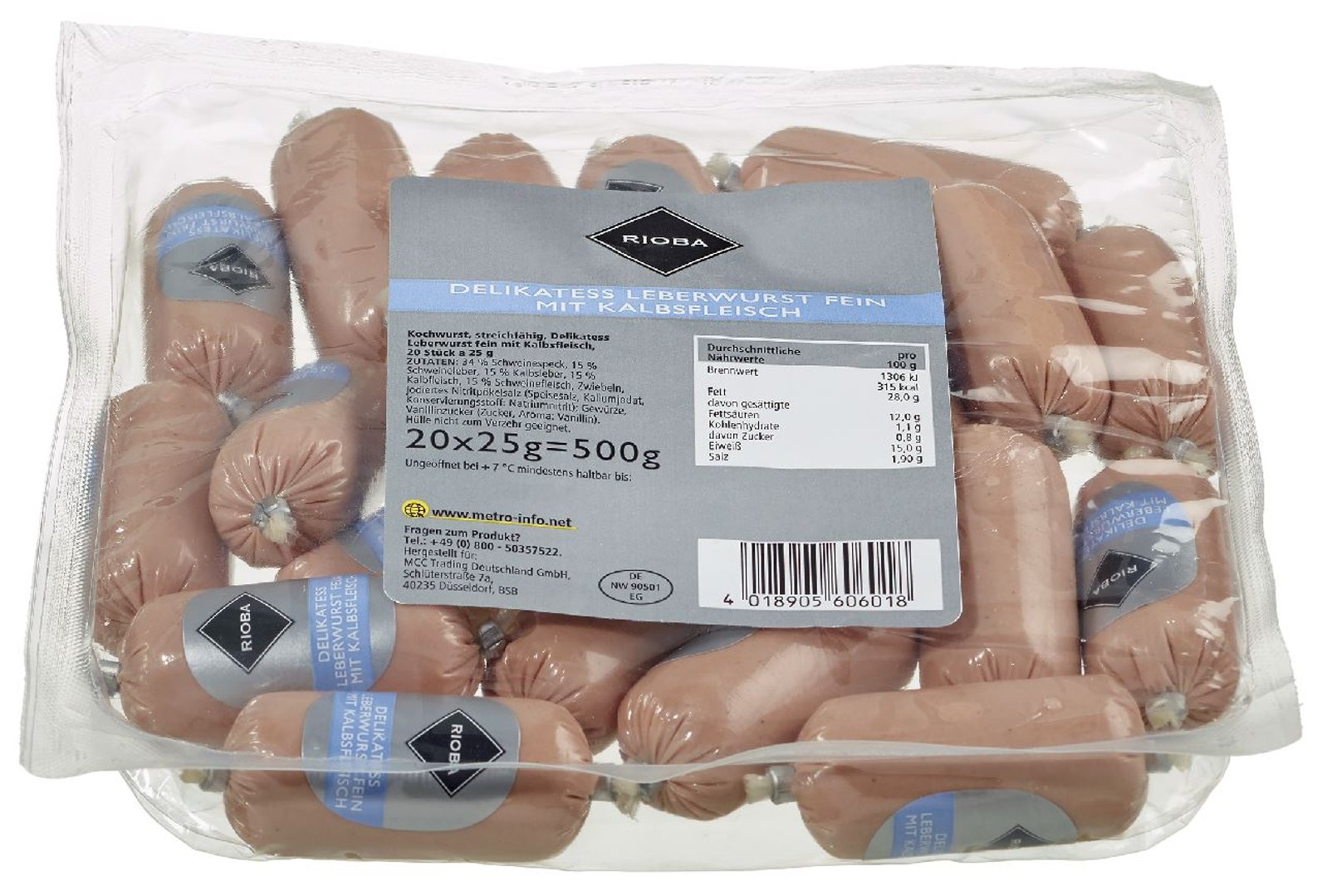 RIOBA - Delikatess Leberwurst fein, mit Kalbsfleisch, 20 Stück à 25 g - 500 g Packung