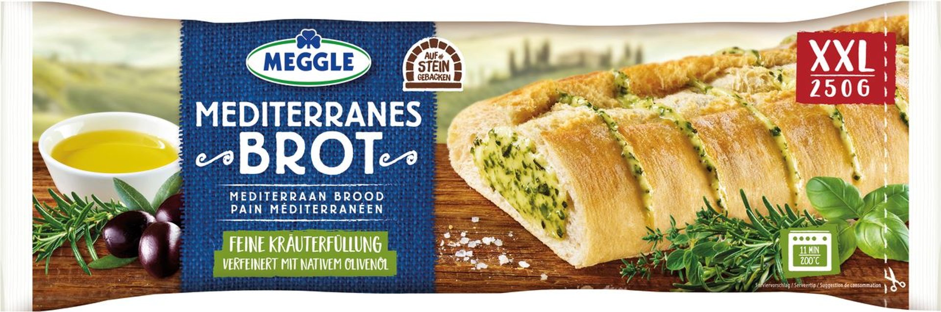 Meggle - Mediterranes Brot Feine Kräuterfüllung gekühlt - 250 g Packung