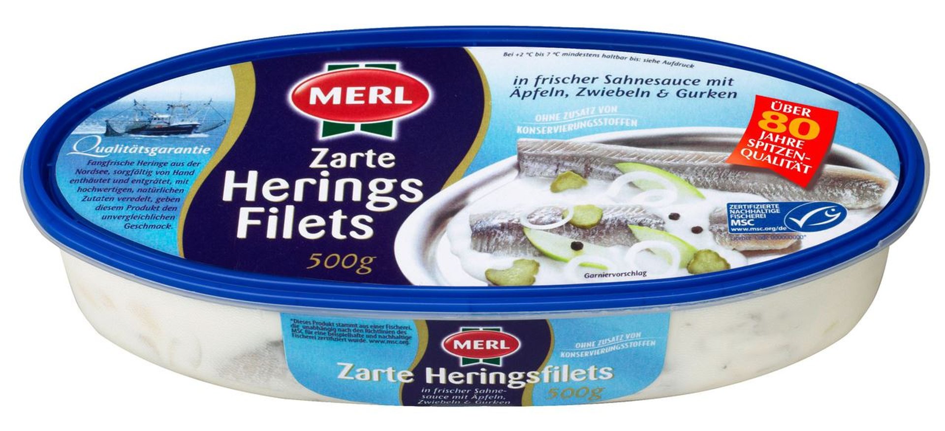 Merl - Zarte Heringsfilets in frischer Sahnesauce mit Äpfeln, Zwiebeln & Gurken 500 g