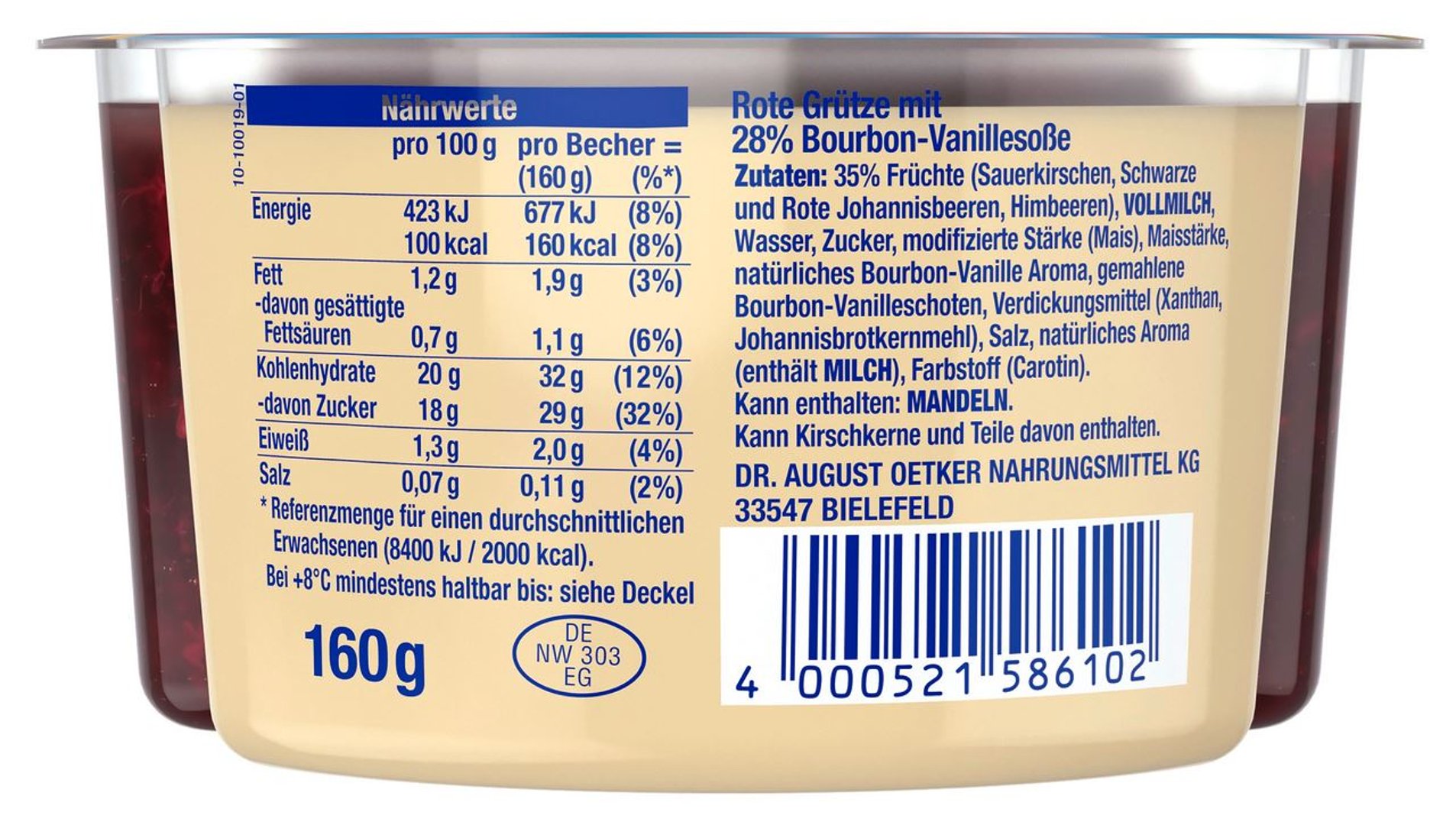 Dr. Oetker - Rote Grütze mit Bourbon-Vanillesoße 1,2 % Fett - 1 x 160 g Becher