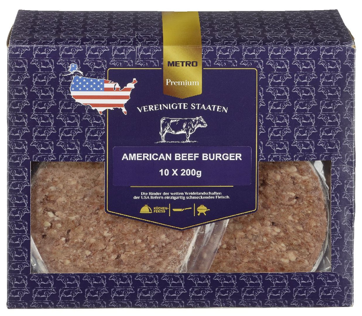 METRO Premium - US Beef Burger tiefgefroren, roh, 10 Stück à 200 g, vak.-verpackt 2 kg Packung