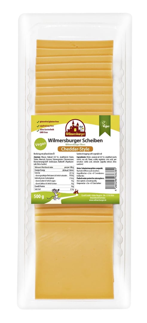 Wilmersburger - Scheiben Vegan Cheddar Style 23 % Kokosöl - 500 g Packung