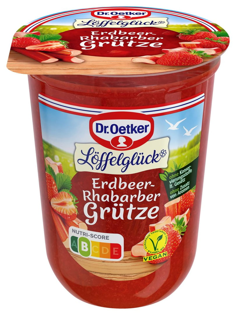 Dr. Oetker - Grütze Erdbeer Rhabarber verzehrfertig, 4 Portionen 500 g Becher