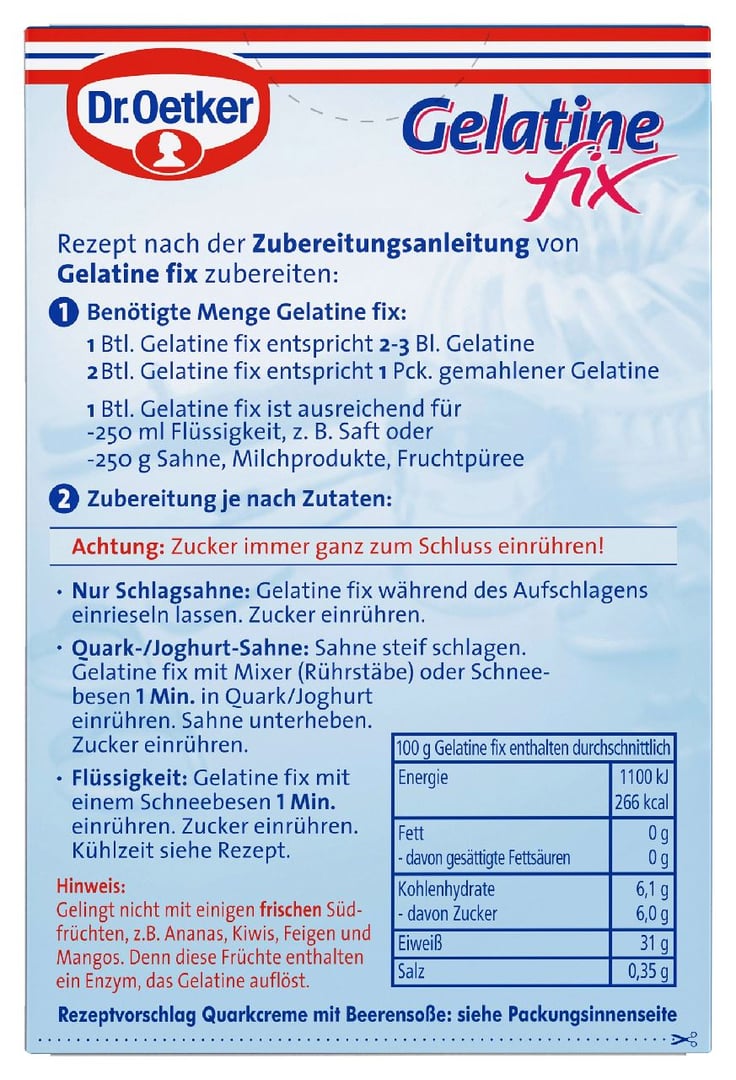 Dr. Oetker - Gelatine Fix Speisegelatine mit Oligofruktose - 1 x 30 g Schachtel
