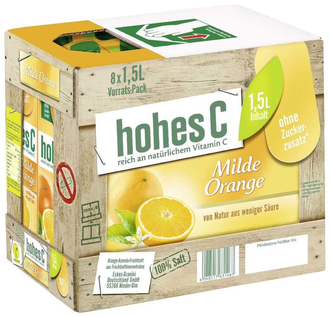 Hohes C - Orangen-Acerola-Fruchtsaft 100 % Fruchtgehalt Tetra Pack - 8 x 1,50 l Packungen
