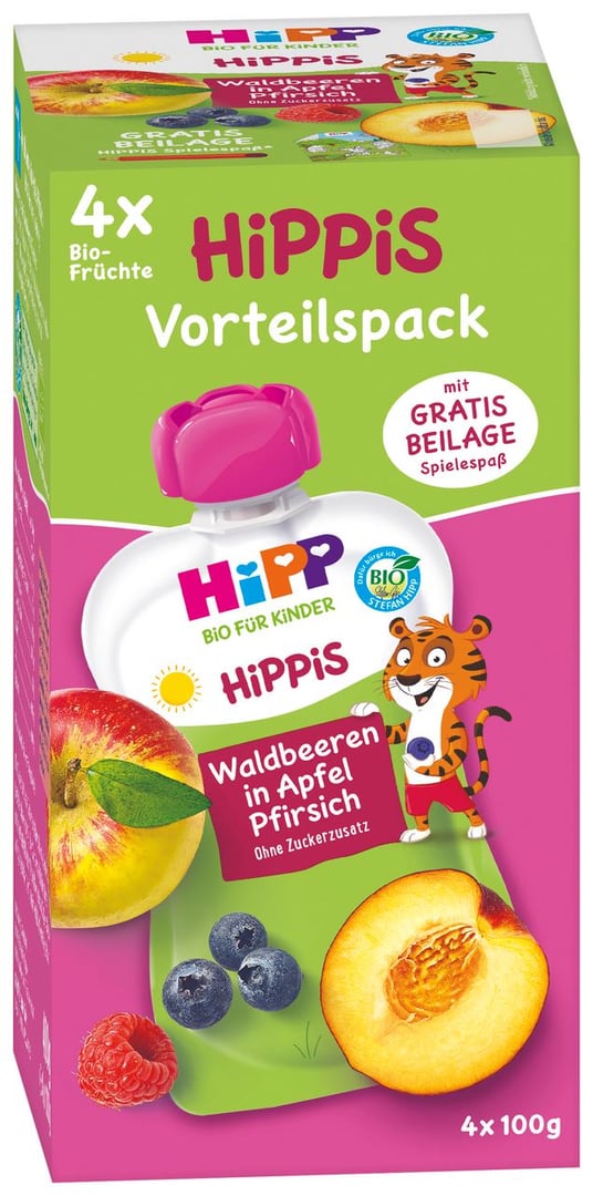 Hipp BIO HiPPiS Waldbeeren in Apfel-Pfirsich Vorteilspack H8537 WALDB/APF/PFI - 400 g Paar