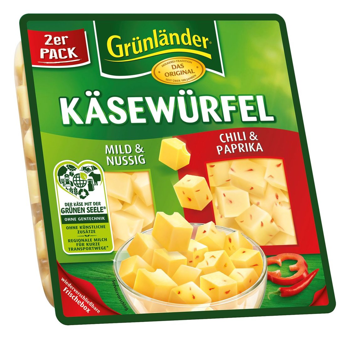 Grünländer - Käsewürfel Mild & Nussig / Chili & Paprika - 120 g Schale