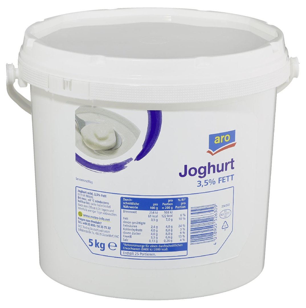aro - Joghurt natur 3,5 % Fett im Milchanteil - 5,00 kg Eimer