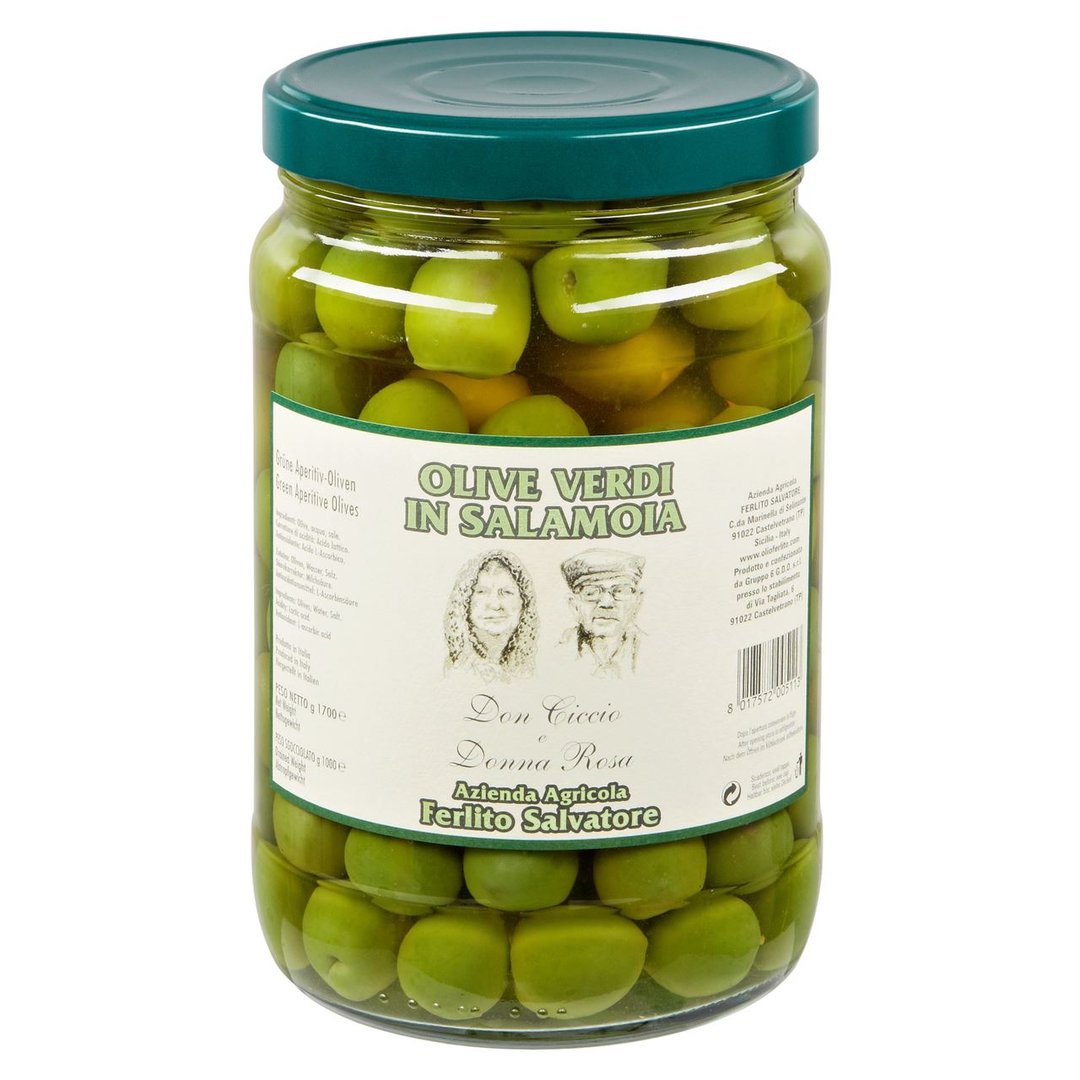 Ferlito - Grüne Oliven in Salzlake mit Stein - 1,7 l Glas