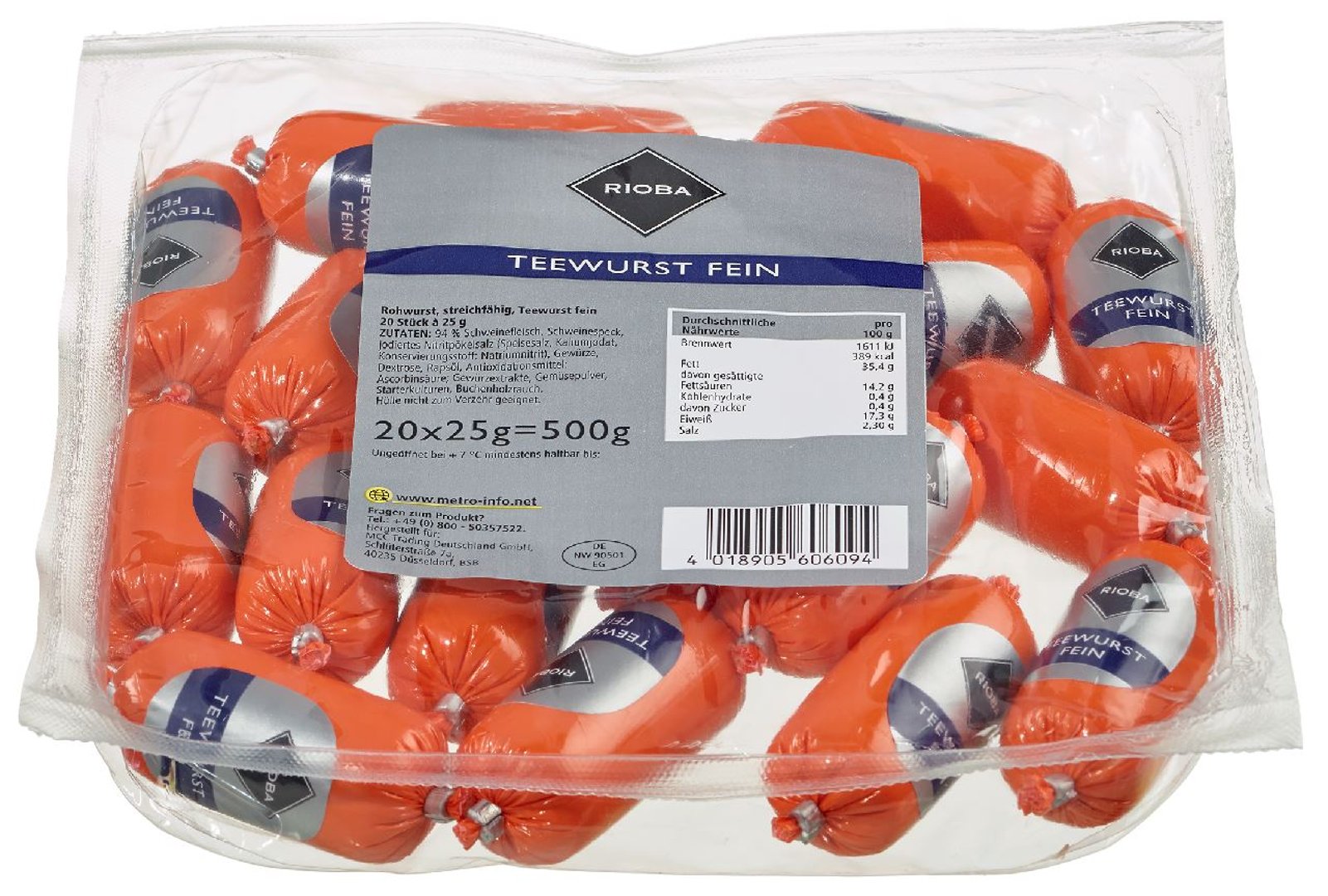RIOBA - Teewurst fein, 20 Stück à 25 g - 500 g Packung