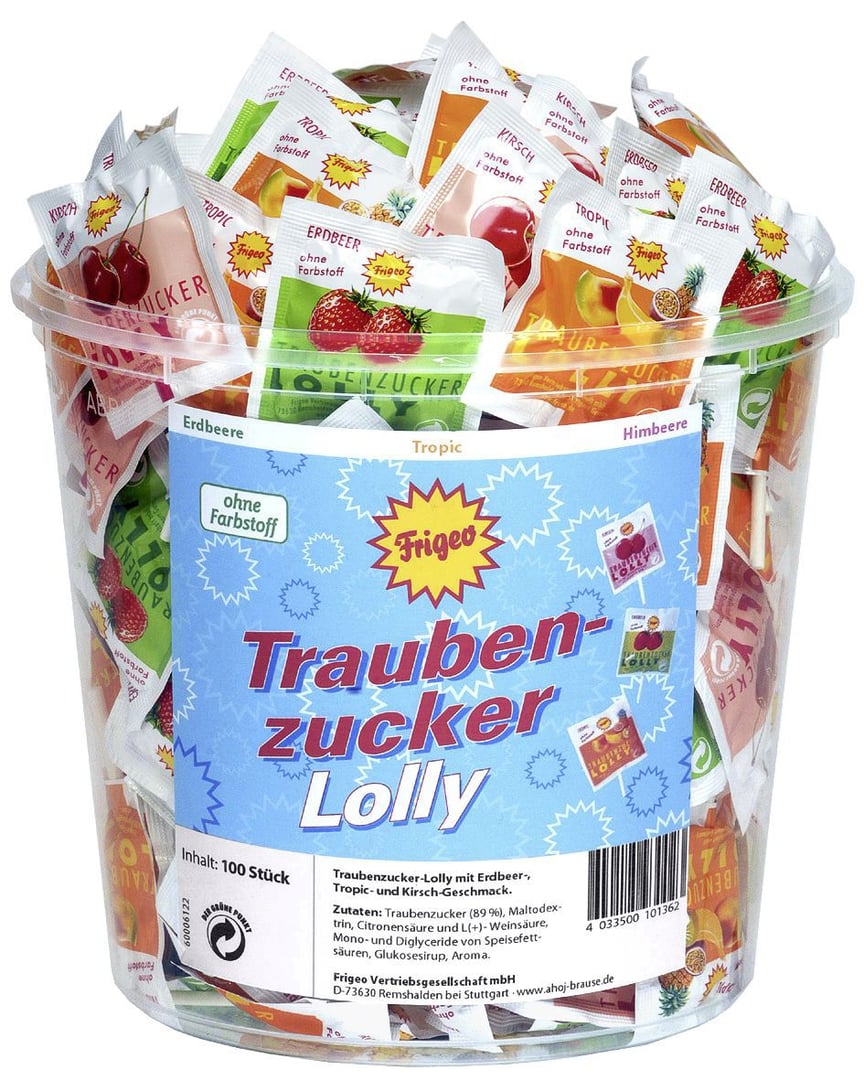 Frigeo Traubenzucker Lolly mit Erdbeer-,Tropic- & Kirschgeschmack, 100 Stück à 7,5 g - 750g Packung